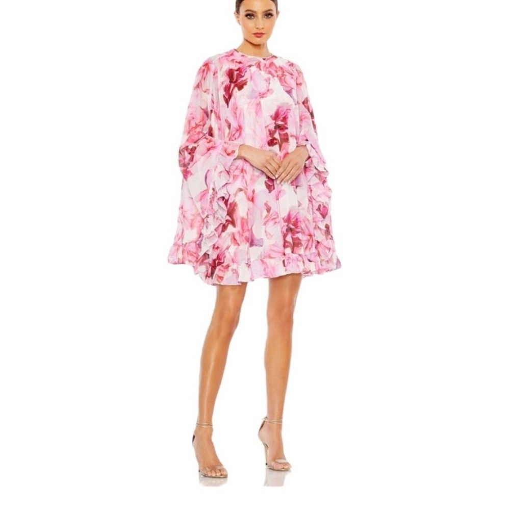 Leena for Mac Duggal Pink Floral Cape Mini Dress